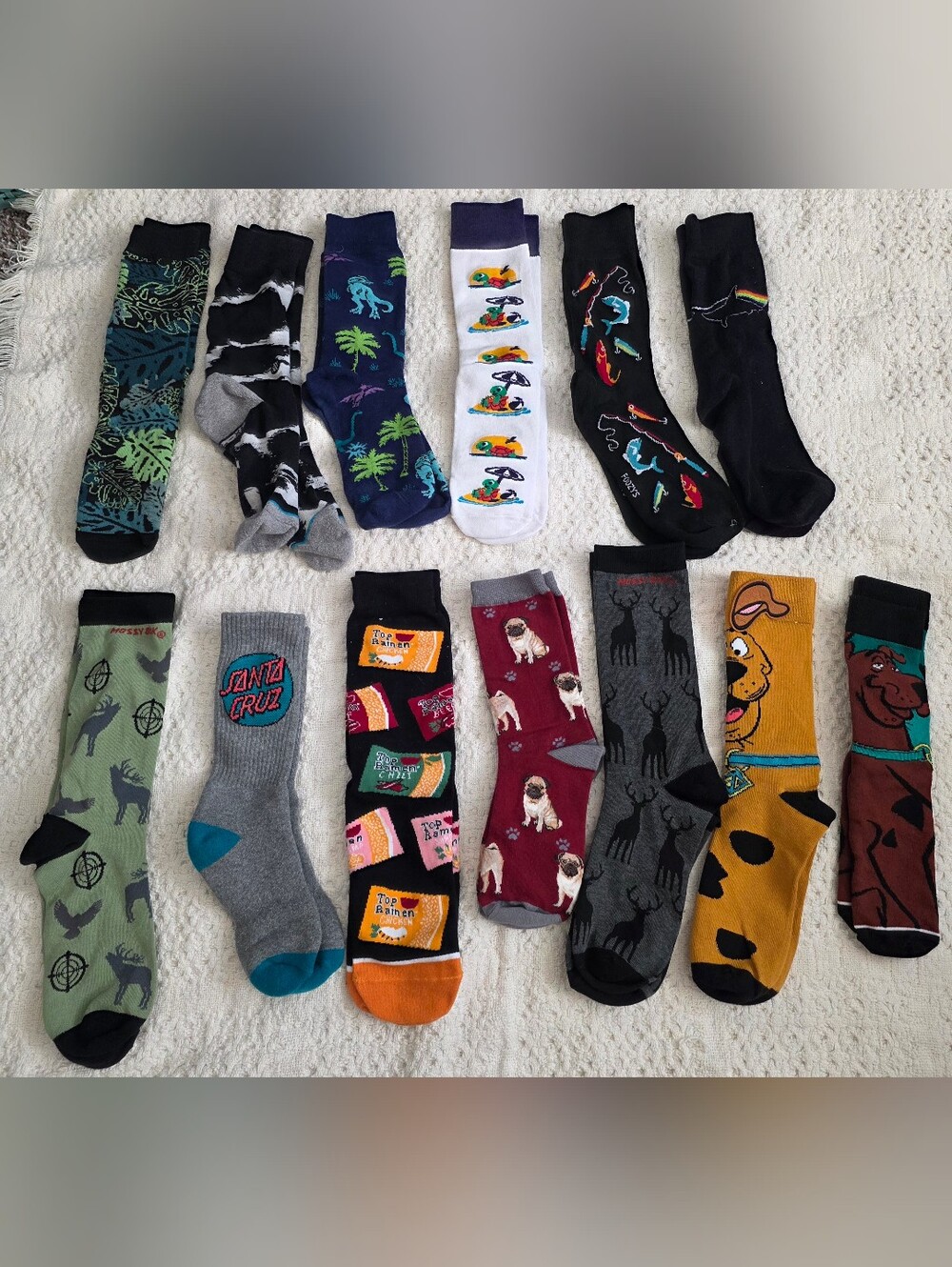 Mens New Crazy Sock Bundle Of 13 Scooby, Dogs, Hunting, Dinosaurs And More